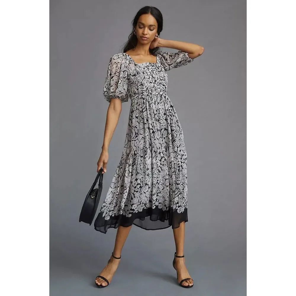 Anthropologie Squareneck Smocked Midi Dress
